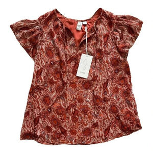 Joie Orange Paisley Ruffle Sleeve Metallic Blouse S